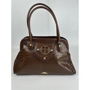 Iman Handbag Brown Faux Leather Croc Shoulder Purse Zip Closure Phone Pocket